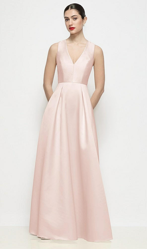 Front View - Blush Sleeveless V-neck Satin Maxi Dress with Pleated Skirt