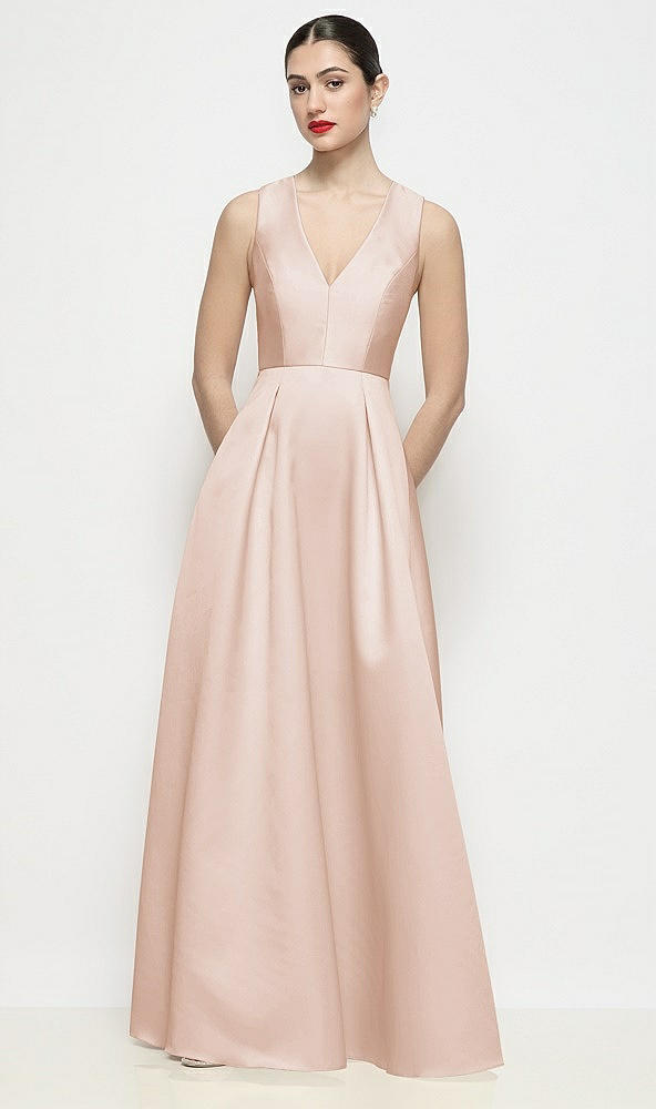 Front View - Cameo Sleeveless V-neck Satin Maxi Dress with Pleated Skirt