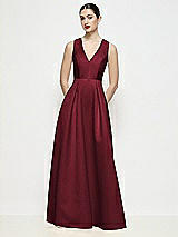 Front View Thumbnail - Cabernet Sleeveless V-neck Satin Maxi Dress with Pleated Skirt