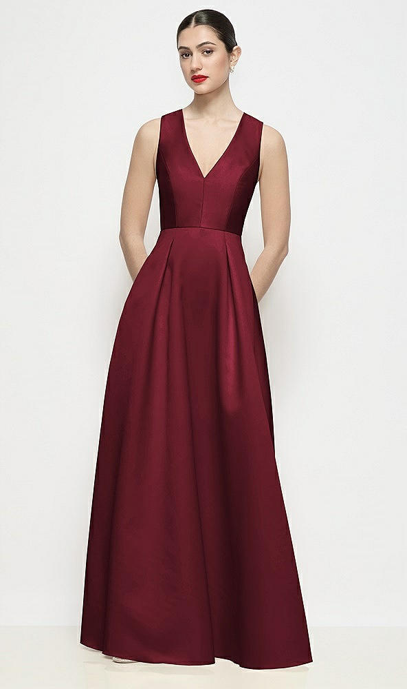 Front View - Cabernet Sleeveless V-neck Satin Maxi Dress with Pleated Skirt