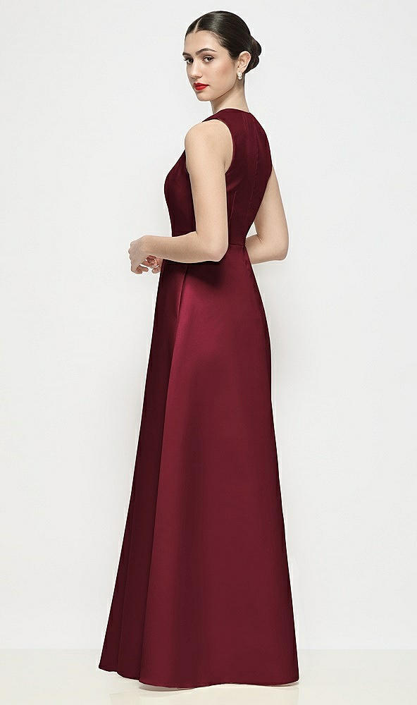 Back View - Cabernet Sleeveless V-neck Satin Maxi Dress with Pleated Skirt