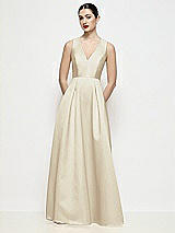 Front View Thumbnail - Champagne Sleeveless V-neck Satin Maxi Dress with Pleated Skirt
