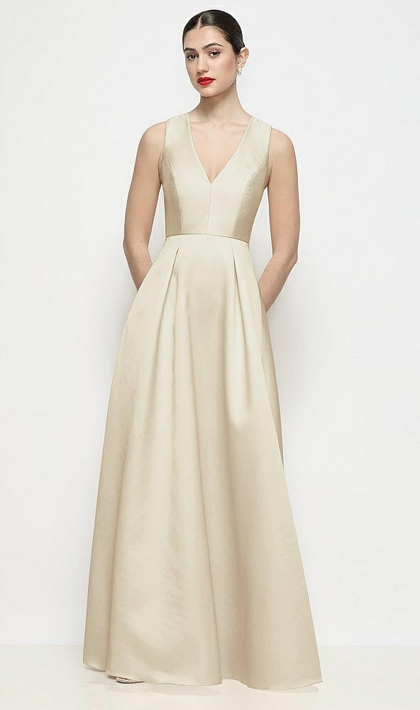 Front View - Champagne Sleeveless V-neck Satin Maxi Dress with Pleated Skirt