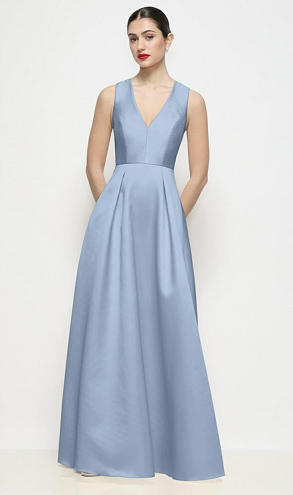 Front View - Cloudy Sleeveless V-neck Satin Maxi Dress with Pleated Skirt