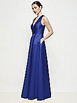 Side View Thumbnail - Cobalt Blue Sleeveless V-neck Satin Maxi Dress with Pleated Skirt