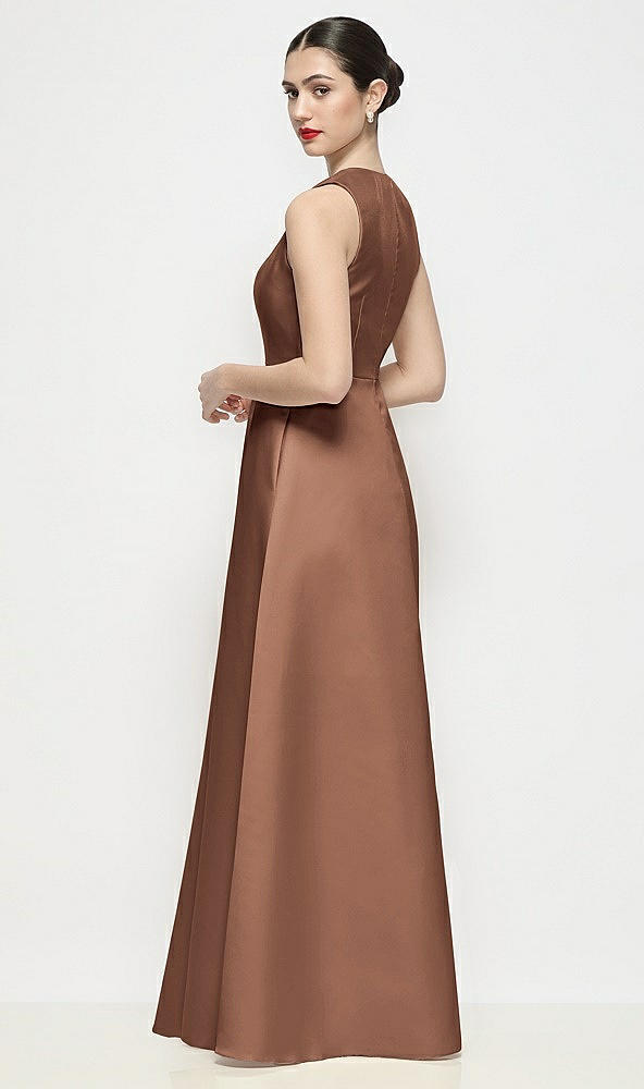 Back View - Cognac Sleeveless V-neck Satin Maxi Dress with Pleated Skirt