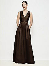 Front View Thumbnail - Espresso Sleeveless V-neck Satin Maxi Dress with Pleated Skirt