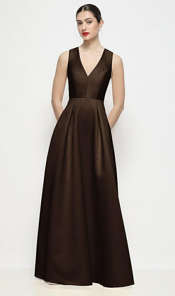 Front View - Espresso Sleeveless V-neck Satin Maxi Dress with Pleated Skirt