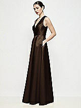 Side View Thumbnail - Espresso Sleeveless V-neck Satin Maxi Dress with Pleated Skirt