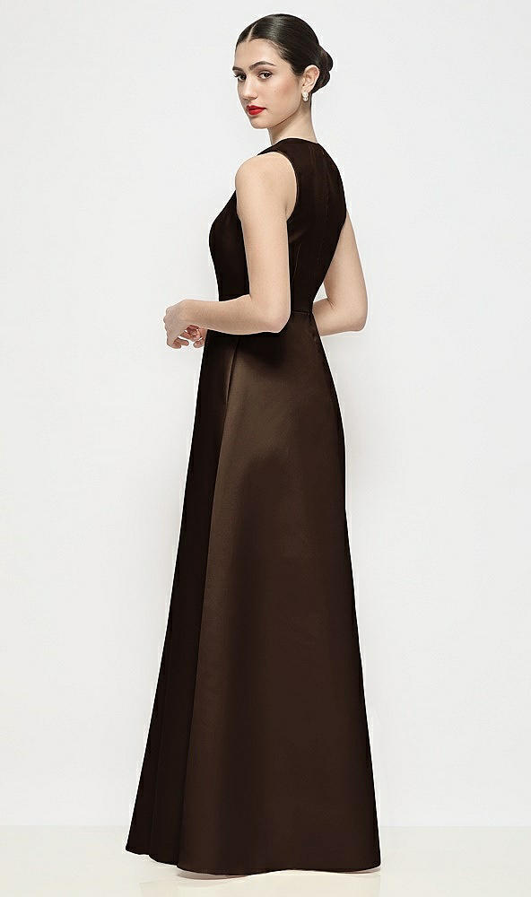 Back View - Espresso Sleeveless V-neck Satin Maxi Dress with Pleated Skirt