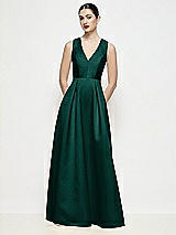 Front View Thumbnail - Evergreen Sleeveless V-neck Satin Maxi Dress with Pleated Skirt