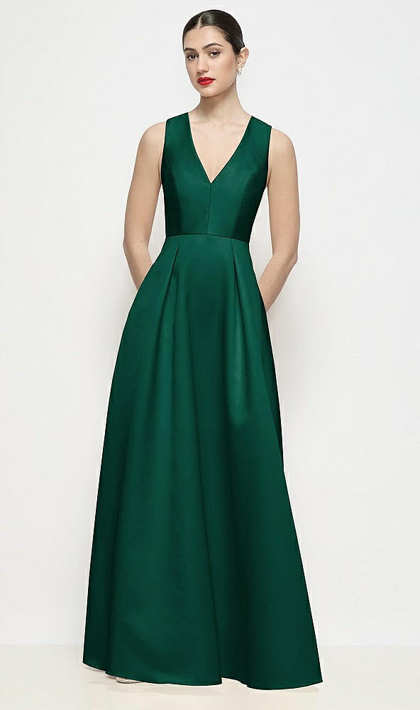 Front View - Hunter Green Sleeveless V-neck Satin Maxi Dress with Pleated Skirt