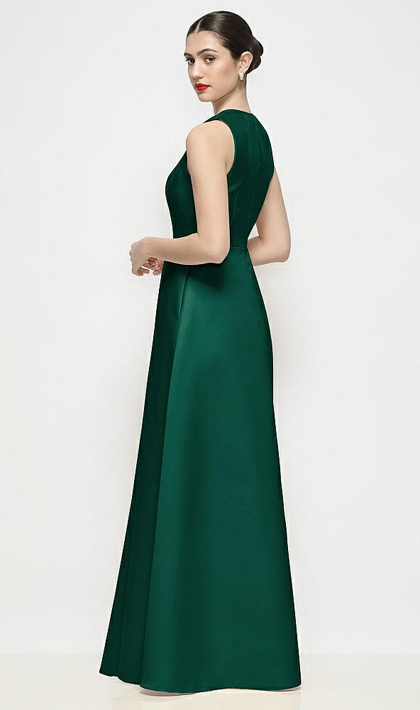 Back View - Hunter Green Sleeveless V-neck Satin Maxi Dress with Pleated Skirt