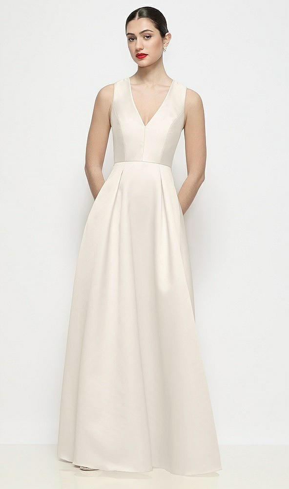 Front View - Ivory Sleeveless V-neck Satin Maxi Dress with Pleated Skirt