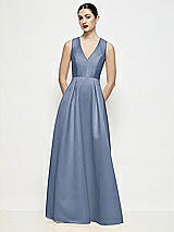 Front View Thumbnail - Larkspur Blue Sleeveless V-neck Satin Maxi Dress with Pleated Skirt