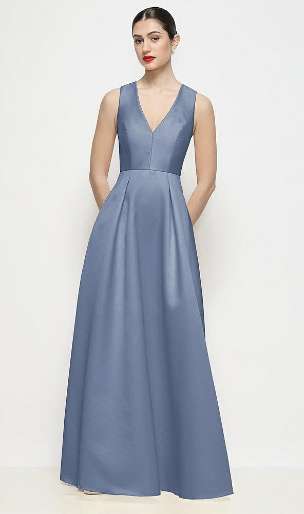 Front View - Larkspur Blue Sleeveless V-neck Satin Maxi Dress with Pleated Skirt