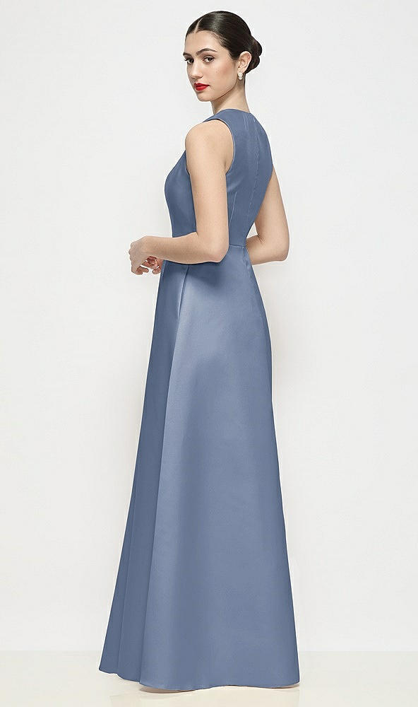 Back View - Larkspur Blue Sleeveless V-neck Satin Maxi Dress with Pleated Skirt