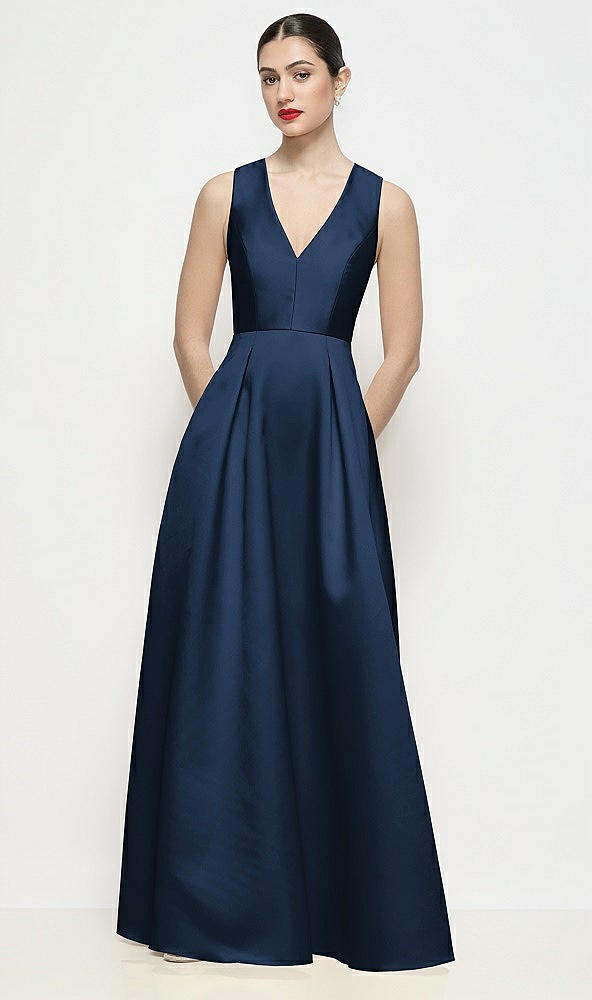 Front View - Midnight Navy Sleeveless V-neck Satin Maxi Dress with Pleated Skirt