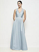 Front View Thumbnail - Mist Sleeveless V-neck Satin Maxi Dress with Pleated Skirt