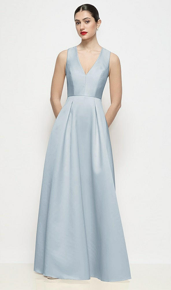 Front View - Mist Sleeveless V-neck Satin Maxi Dress with Pleated Skirt