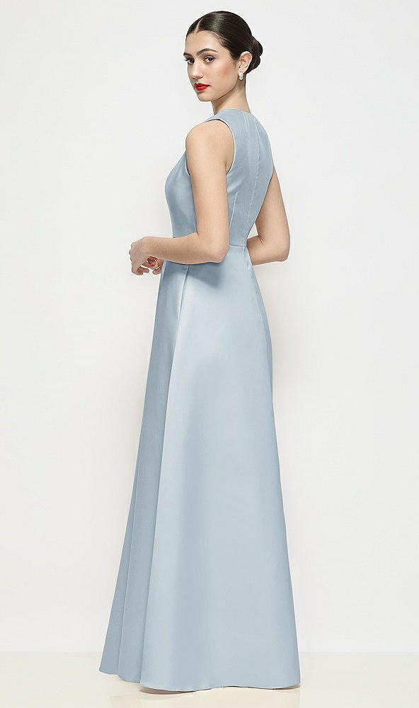 Back View - Mist Sleeveless V-neck Satin Maxi Dress with Pleated Skirt