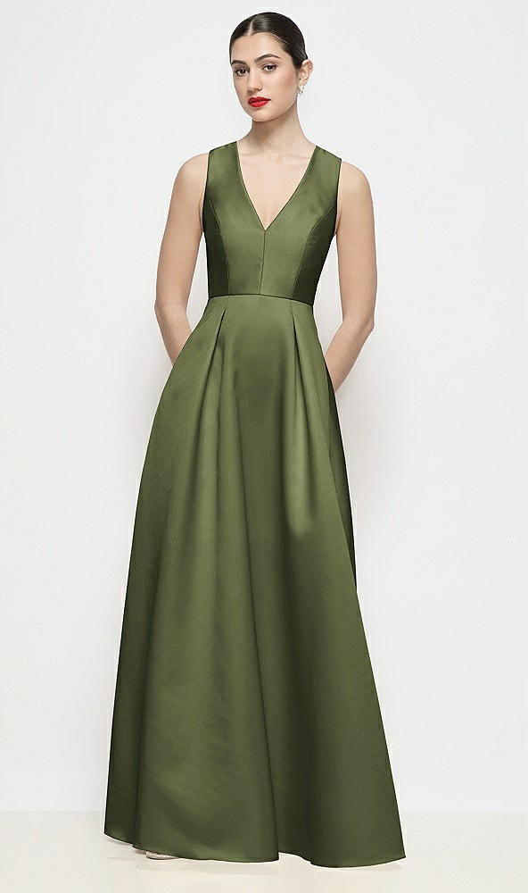 Front View - Olive Green Sleeveless V-neck Satin Maxi Dress with Pleated Skirt