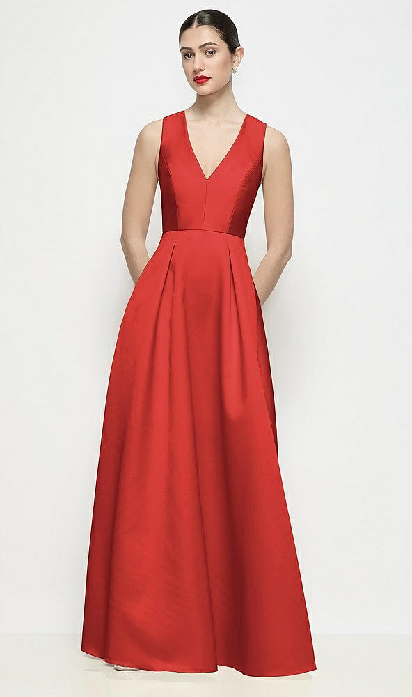 Front View - Poppy Red Sleeveless V-neck Satin Maxi Dress with Pleated Skirt