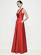 Side View Thumbnail - Poppy Red Sleeveless V-neck Satin Maxi Dress with Pleated Skirt