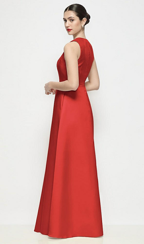 Back View - Poppy Red Sleeveless V-neck Satin Maxi Dress with Pleated Skirt