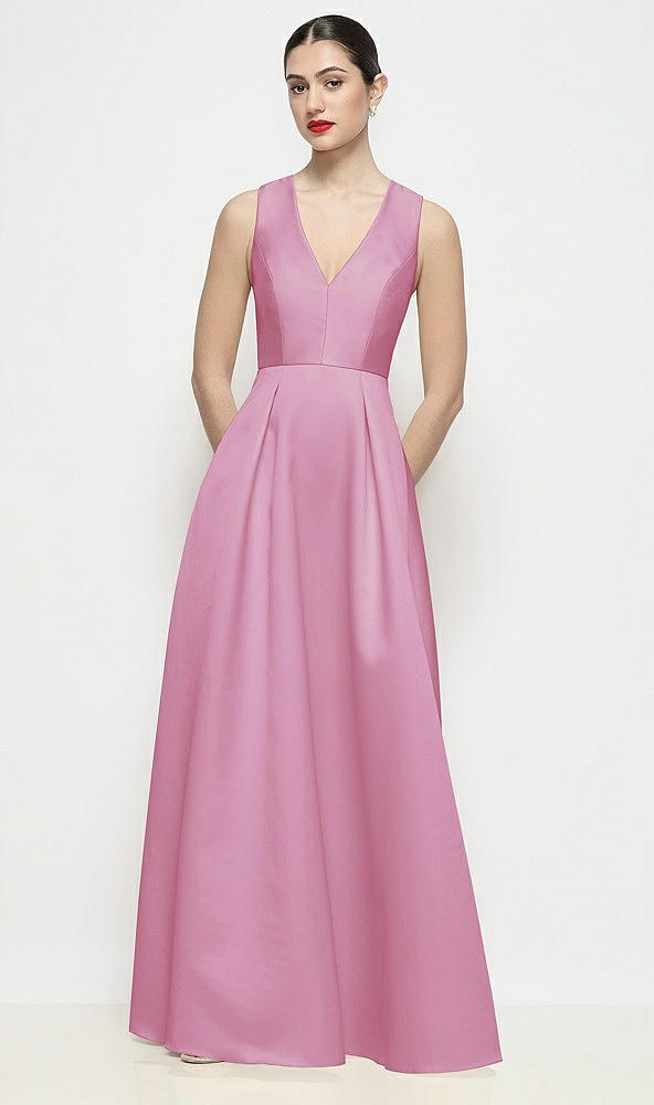 Front View - Powder Pink Sleeveless V-neck Satin Maxi Dress with Pleated Skirt