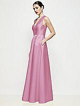 Side View Thumbnail - Powder Pink Sleeveless V-neck Satin Maxi Dress with Pleated Skirt