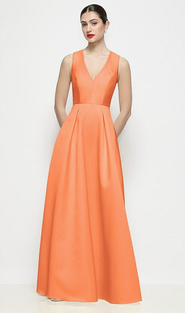 Front View - Portofino Orange Sleeveless V-neck Satin Maxi Dress with Pleated Skirt