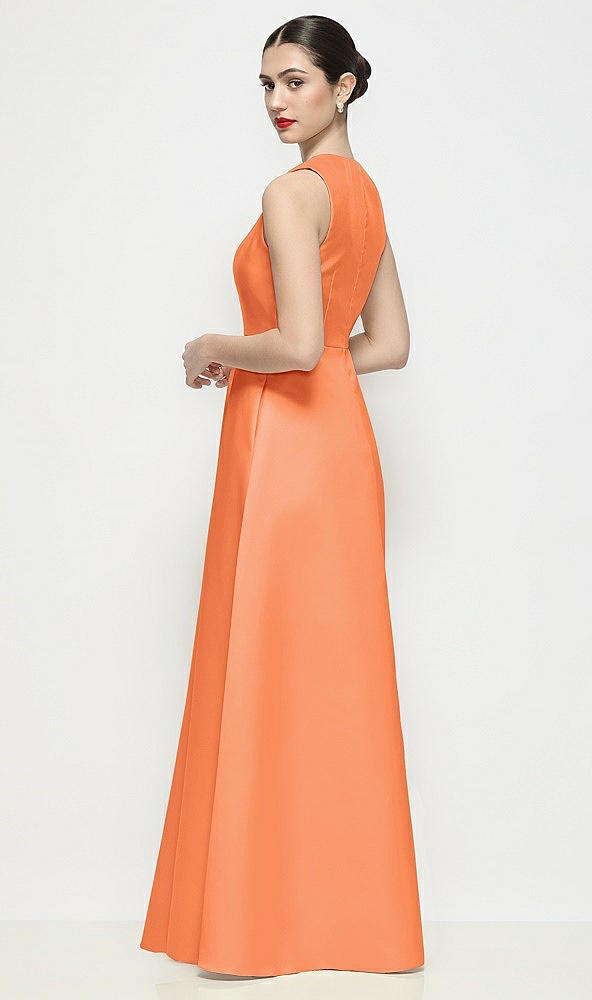 Back View - Portofino Orange Sleeveless V-neck Satin Maxi Dress with Pleated Skirt