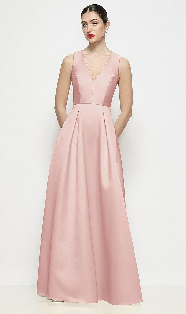 Front View - Rose Sleeveless V-neck Satin Maxi Dress with Pleated Skirt