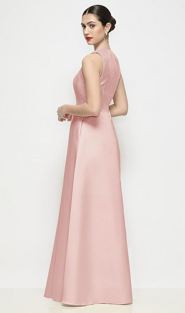 Back View - Rose Sleeveless V-neck Satin Maxi Dress with Pleated Skirt