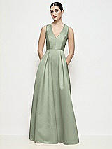 Front View Thumbnail - Sage Sleeveless V-neck Satin Maxi Dress with Pleated Skirt