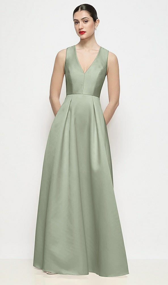 Front View - Sage Sleeveless V-neck Satin Maxi Dress with Pleated Skirt