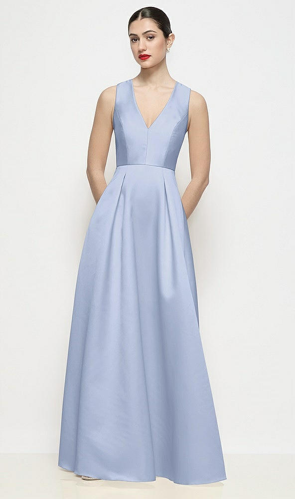 Front View - Sky Blue Sleeveless V-neck Satin Maxi Dress with Pleated Skirt