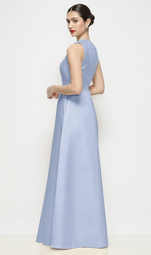 Back View - Sky Blue Sleeveless V-neck Satin Maxi Dress with Pleated Skirt