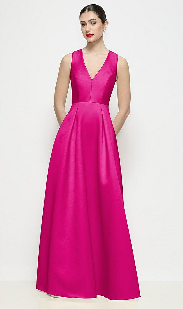 Front View - Think Pink Sleeveless V-neck Satin Maxi Dress with Pleated Skirt