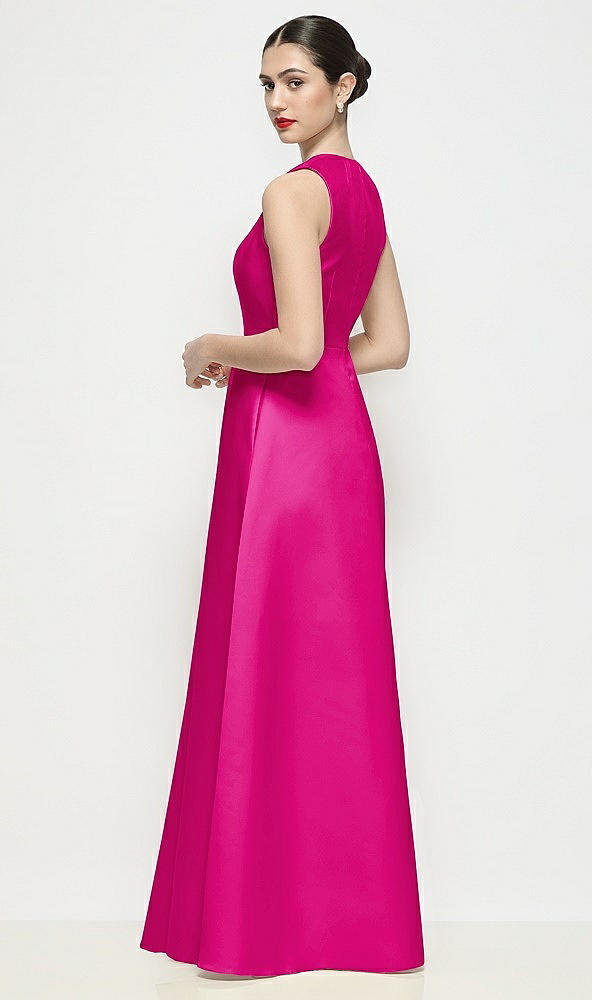 Back View - Think Pink Sleeveless V-neck Satin Maxi Dress with Pleated Skirt