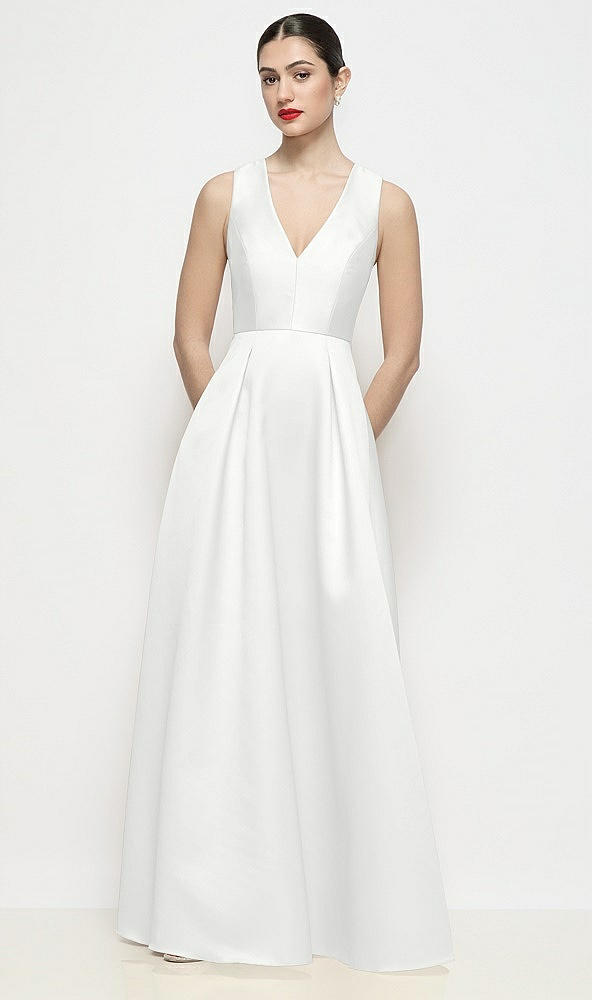 Front View - White Sleeveless V-neck Satin Maxi Dress with Pleated Skirt