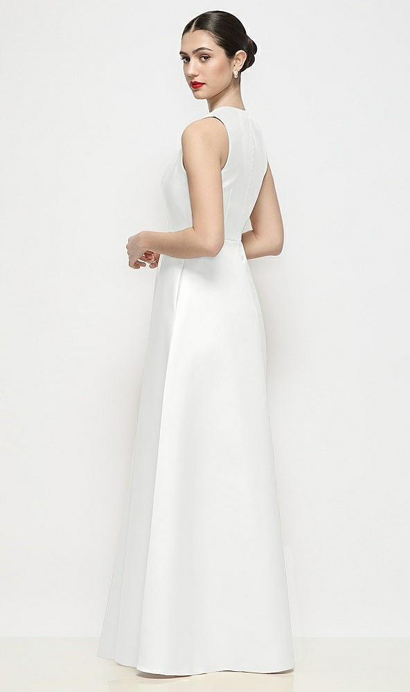 Back View - White Sleeveless V-neck Satin Maxi Dress with Pleated Skirt