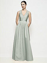Front View Thumbnail - Willow Green Sleeveless V-neck Satin Maxi Dress with Pleated Skirt