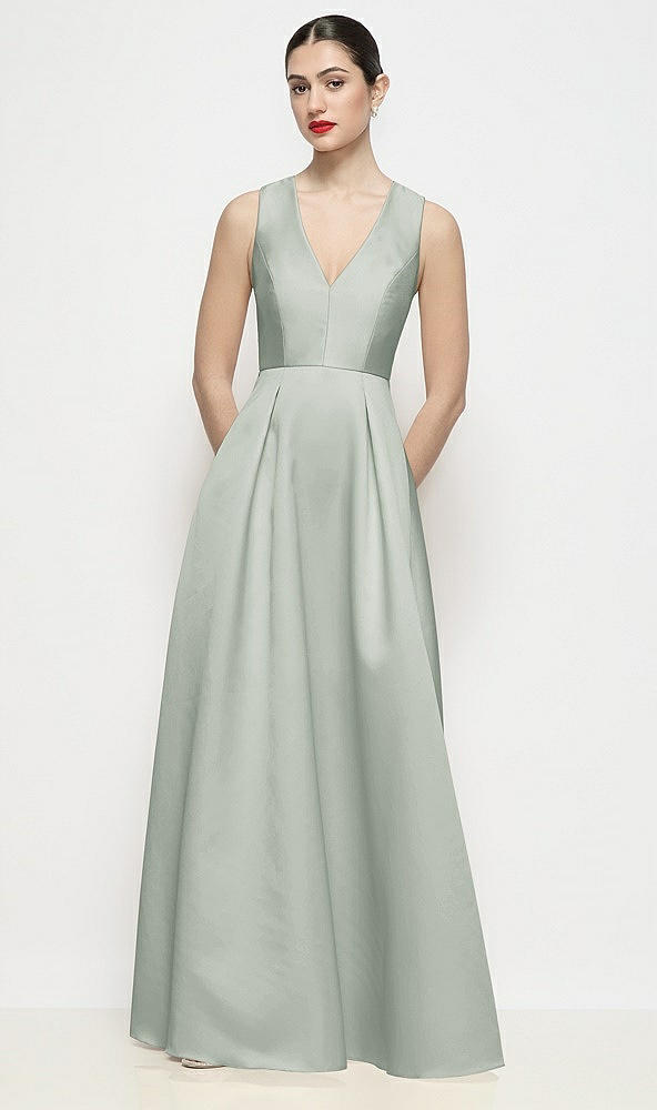 Front View - Willow Green Sleeveless V-neck Satin Maxi Dress with Pleated Skirt