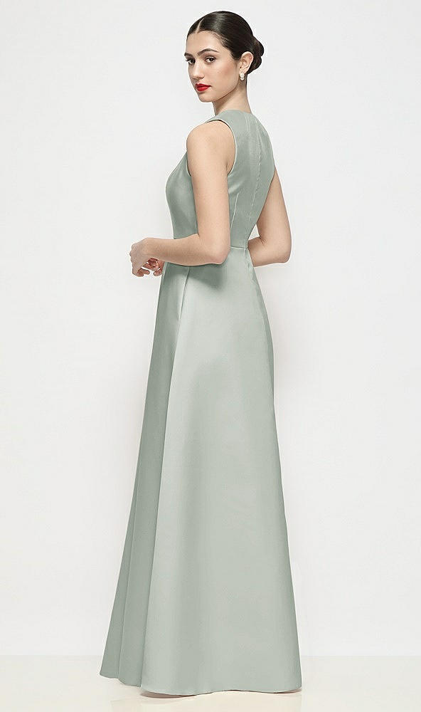 Back View - Willow Green Sleeveless V-neck Satin Maxi Dress with Pleated Skirt