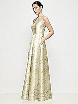Side View Thumbnail - Butter Yellow Floral Sleeveless V-neck Floral Satin Maxi Dress with Pleated Skirt