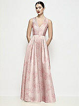 Front View Thumbnail - Bow And Blossom Print Sleeveless V-neck Floral Satin Maxi Dress with Pleated Skirt