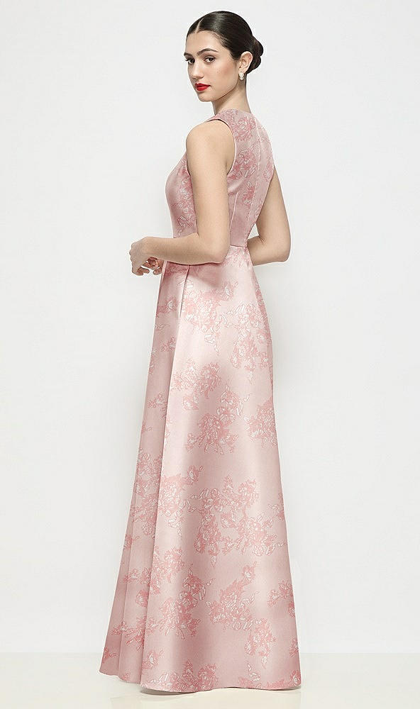 Back View - Bow And Blossom Print Sleeveless V-neck Floral Satin Maxi Dress with Pleated Skirt