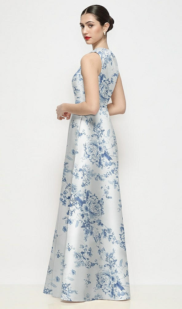 Back View - Cottage Rose Larkspur Sleeveless V-neck Floral Satin Maxi Dress with Pleated Skirt
